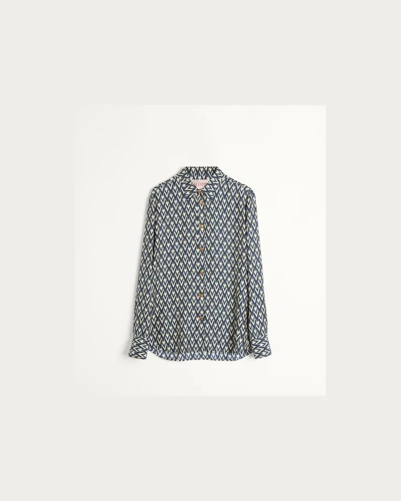 Valentino Garavani Hemd Aus Seiden-Twill Mit Toute La V-Print Mann MARINEBLAU/CREME Marineblau