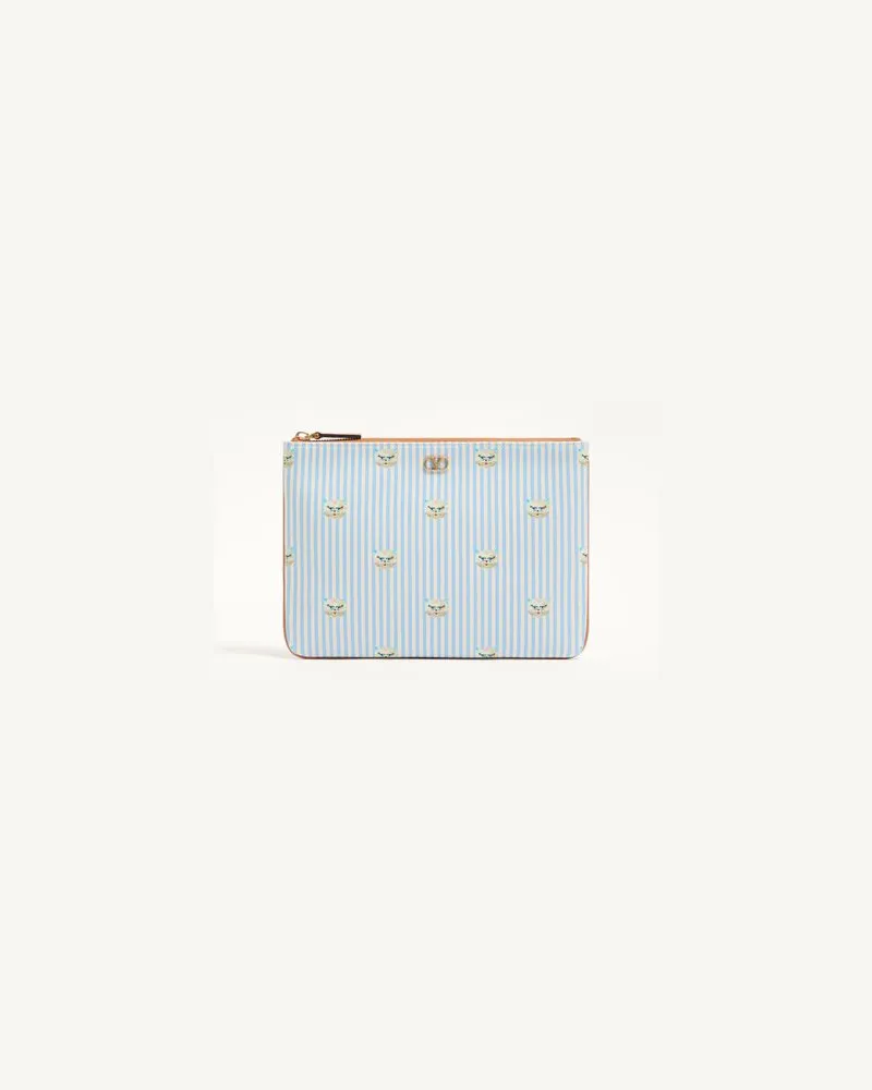 Valentino Garavani Valentino Garavani VLogo Signature Pochette aus genarbtem Kalbsleder mit Le Chat de la Maison-Print Mann HIMMELBLAU/ELFENBEIN Himmelblau