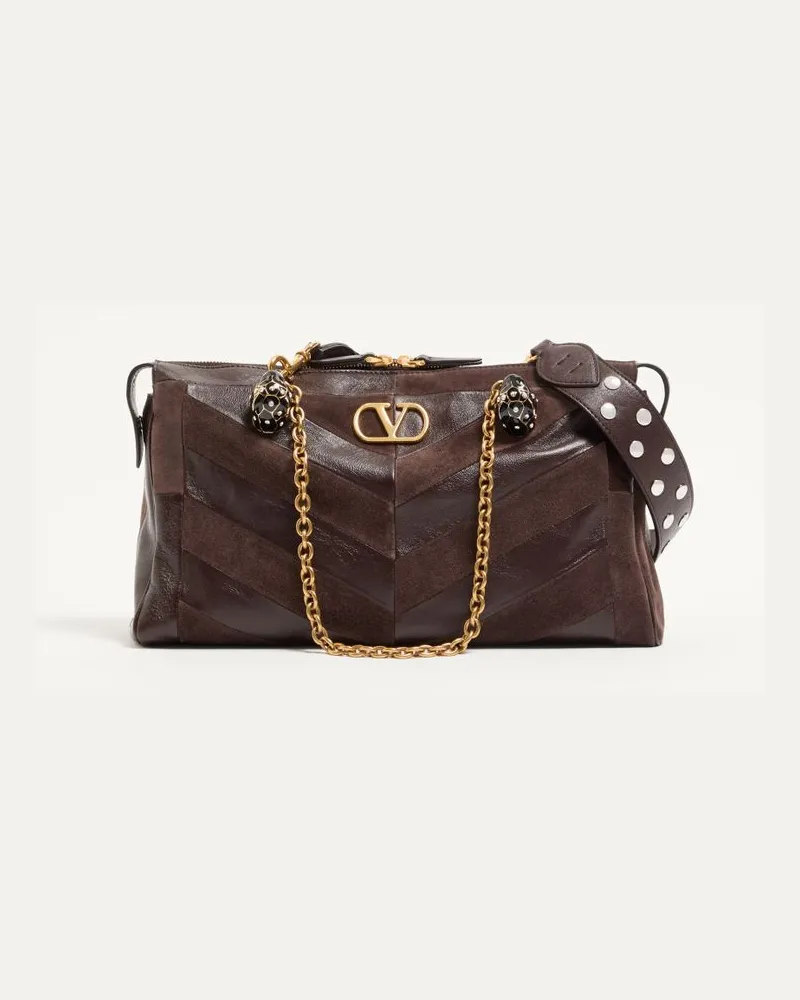 Valentino Garavani Mittelgroße Valentino Garavani Panthea Schultertasche aus Wildleder und Nappaleder mit Chevron-Motiv Frau EBENHOLZ Ebenholz