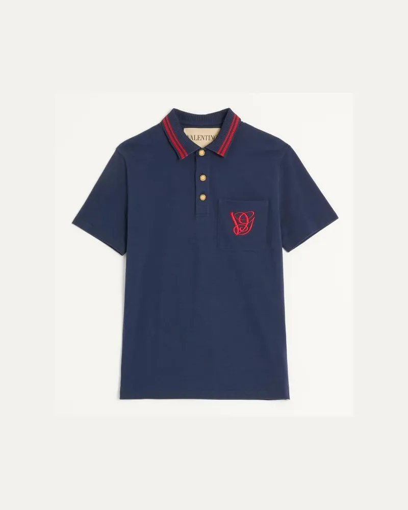 Valentino Garavani Poloshirt Aus Baumwoll-Piqué Mit Vg-Stickerei Mann BLAU Blau