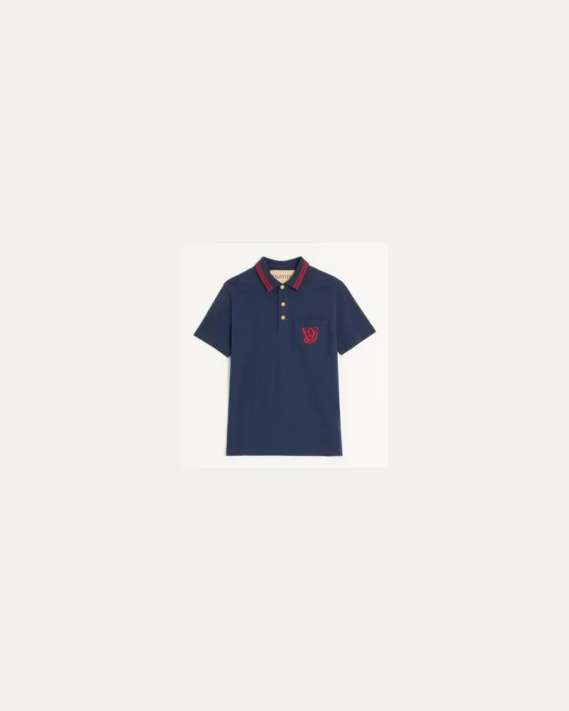 Valentino Garavani Poloshirt Aus Baumwoll-Piqué Mit Vg-Stickerei Mann BLAU Blau
