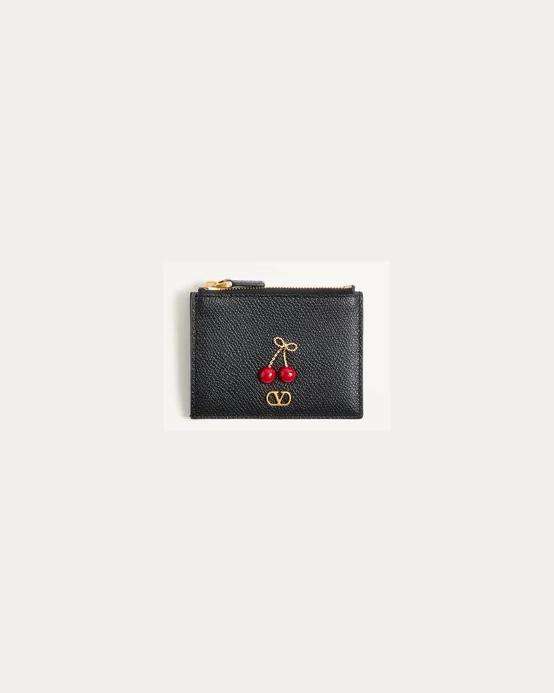 Valentino Garavani Cherryfic Kartenhalter aus genarbtem Kalbsleder Frau SCHWARZ Schwarz