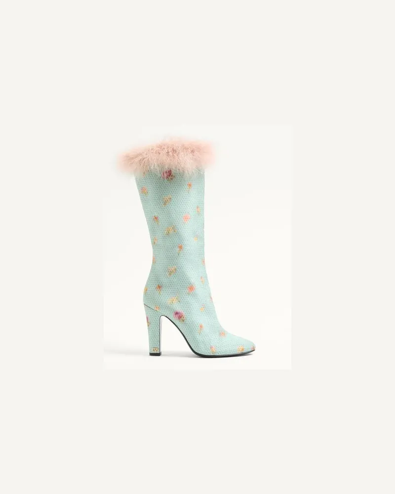 Valentino Garavani Hotty-Stiefel aus Chiné-Stoff mit Blumen- und Tupfenmuster und Federn 100 mm Frau HIMMELBLAU Himmelblau