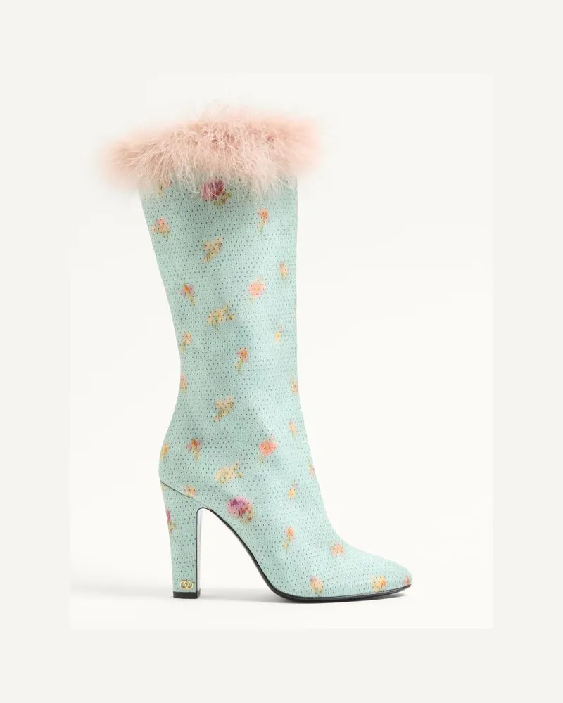 Valentino Garavani Hotty-Stiefel Aus Chiné-Stoff Mit Blumen- Und Tupfenmuster Und Federn 100 Mm Frau HIMMELBLAU Himmelblau