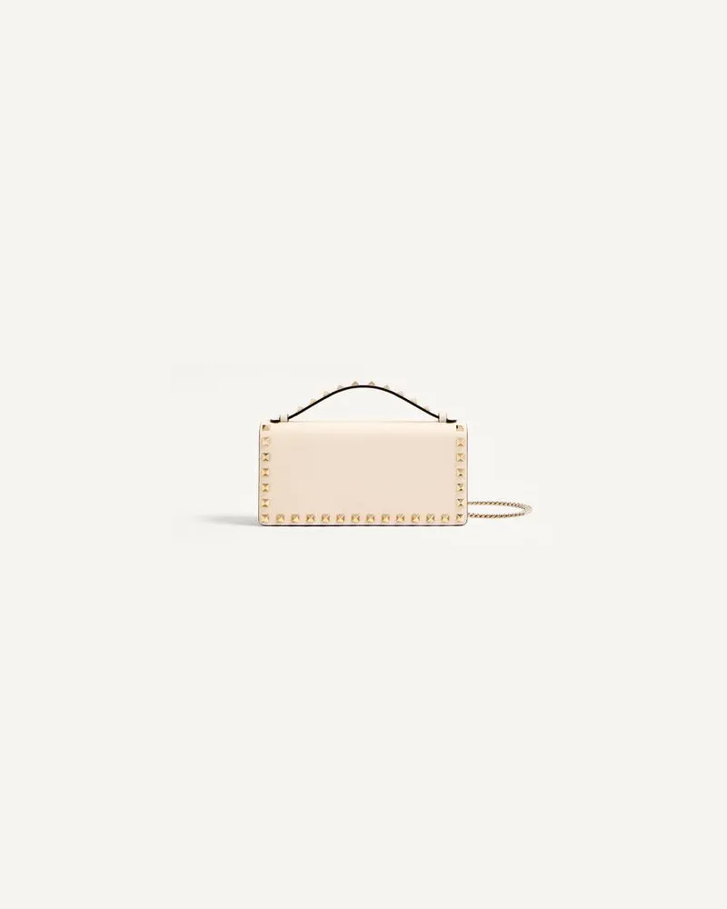 Valentino Garavani Rockstud Geldbörse Mit Kette Aus Genarbtem Kalbsleder Frau LIGHT IVORY Light