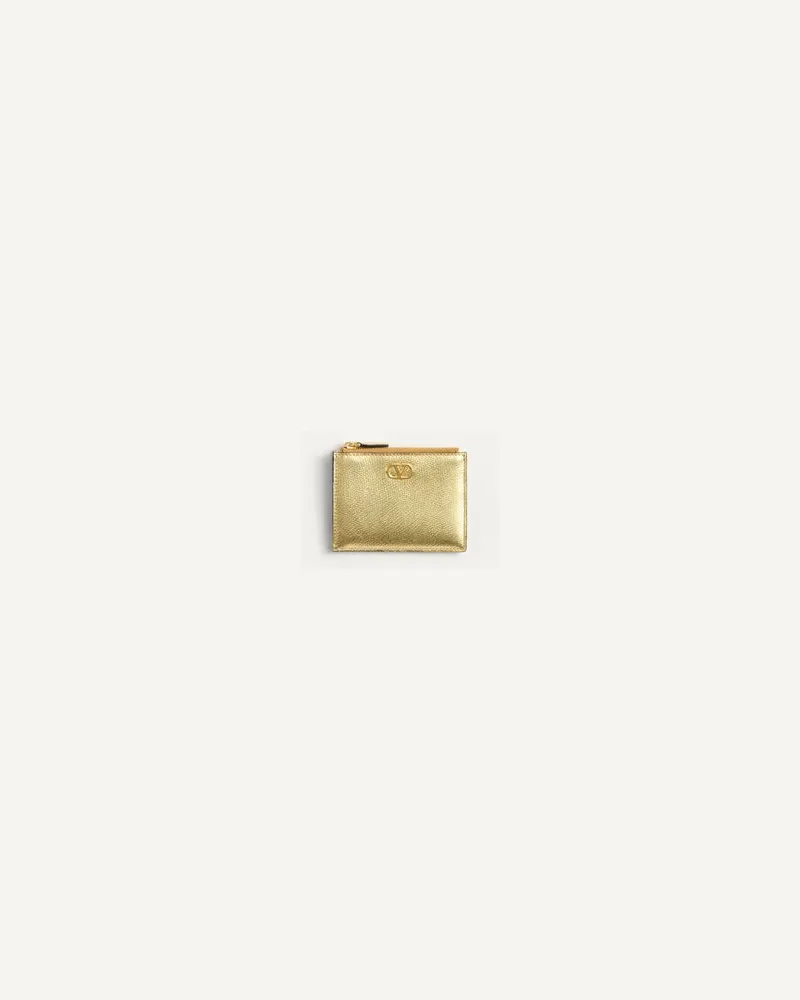 Valentino Garavani Logo Signature Kartenhalter Aus Laminiertem, Genarbtem Kalbsleder Frau ANTIQUE BRASS Antique