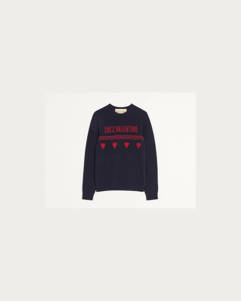 Valentino Garavani Wollpullover Mit Chez Valentino-Jacquard-Motiv Mann BLAU/ROT Blau