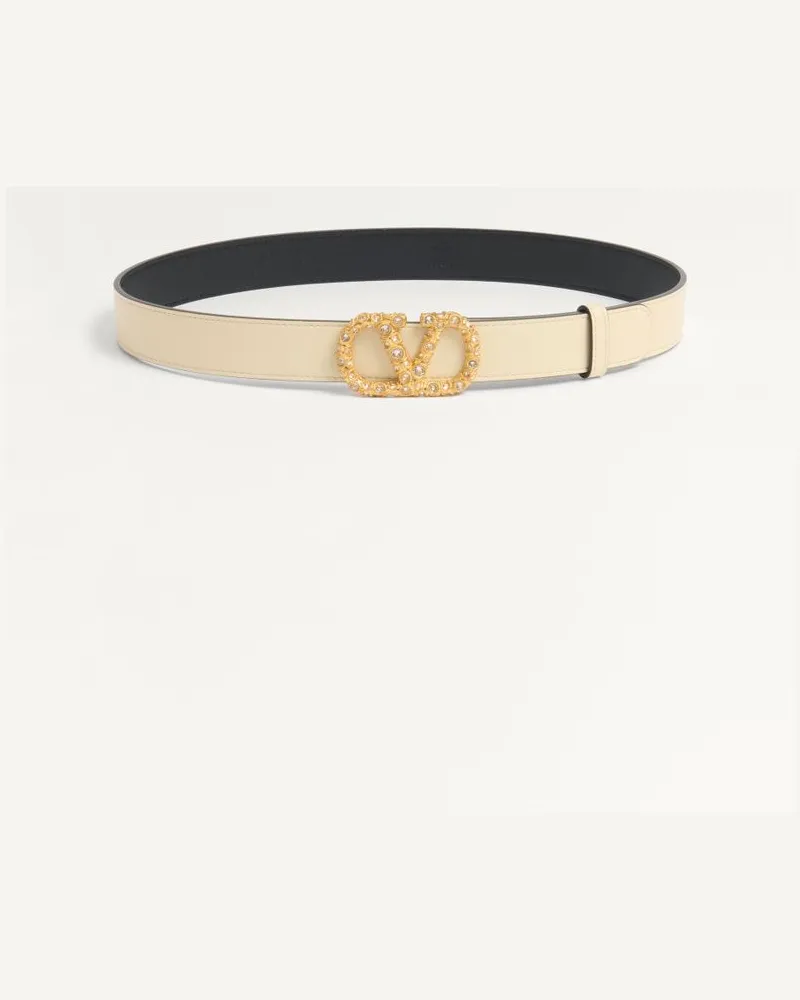 Valentino Garavani VLogo Signature Gürtel Aus Glänzendem Kalbsleder Mit Kristallen 30 Mm Frau BUTTER/CRYSTAL Butter
