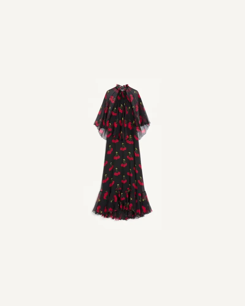 Valentino Garavani Langes Kleid Aus Crepponne-Chiffon Mit Cherryfic-Print Frau SCHWARZ/KIRSCHROT Schwarz