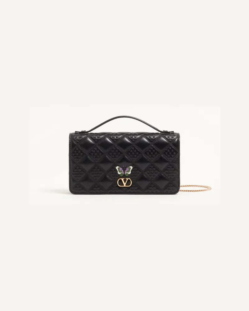 Valentino Garavani Valentino Garavani Flutterby Chain Geldbörse aus glänzendem Nappaleder mit Schmetterlingsstickerei Frau SCHWARZ Schwarz