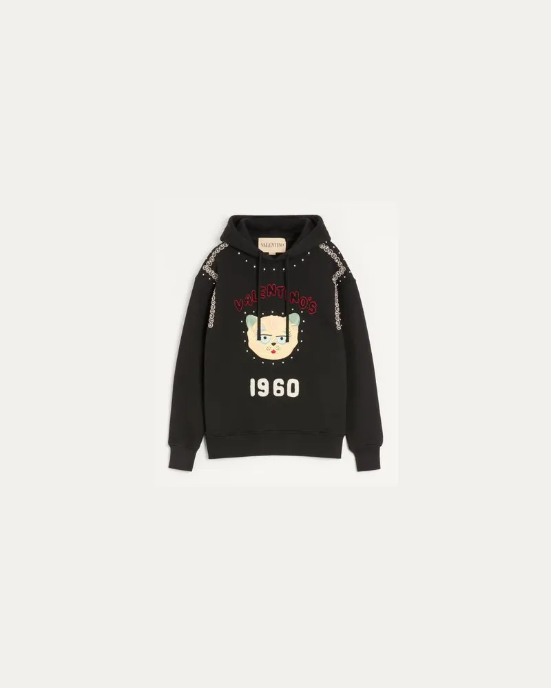 Valentino Garavani Kapuzensweatshirt Aus Baumwolle Mit Le Chat De La Maison-Applikation Mann SCHWARZ Schwarz