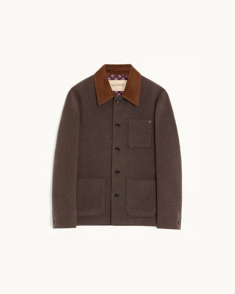 Valentino Garavani Valentino Cabanjacke aus doppelter Wolle mit Wildlederkragen und metallischem V-Detail Mann BRAUN Braun