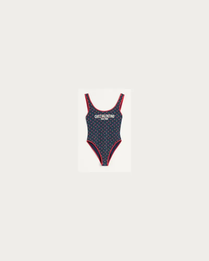 Valentino Garavani Badeanzug Aus Lycra Mit Cherryfic-Print Frau MARINEBLAU/KIRSCHROT Marineblau