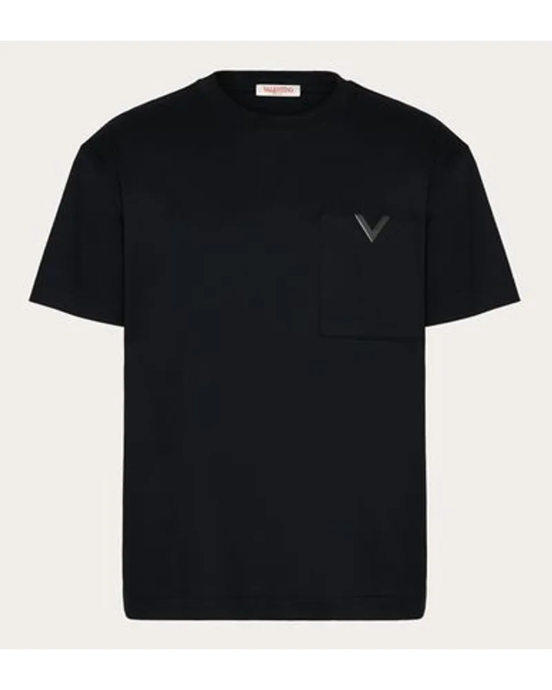 Valentino Garavani BAUMWOLL-T-SHIRT mit V-Detail in METALLIC Mann Schwarz