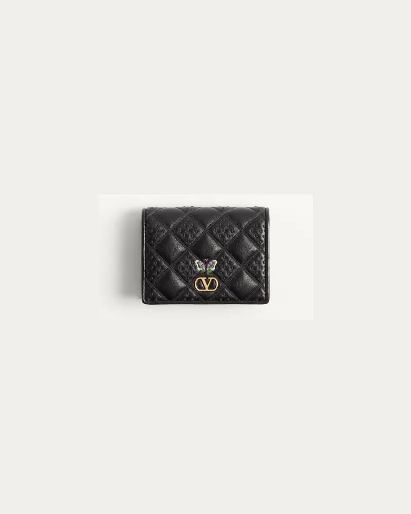 Valentino Garavani Valentino Garavani Flutterby Portemonnaie aus glänzendem Nappaleder mit Schmetterlingsstickerei Frau SCHWARZ Schwarz