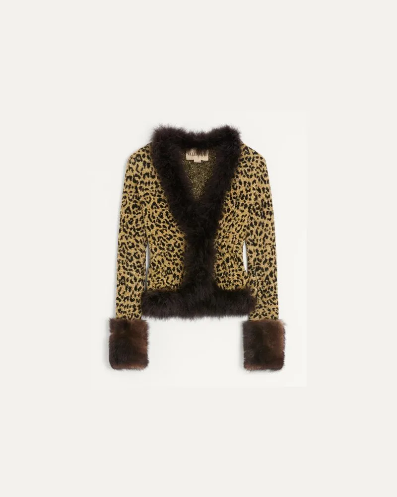 Valentino Garavani Strickjacke Aus Lurex-Jacquard Mit Animalprint Und Federbesatz Frau ANIMALIER Animalier