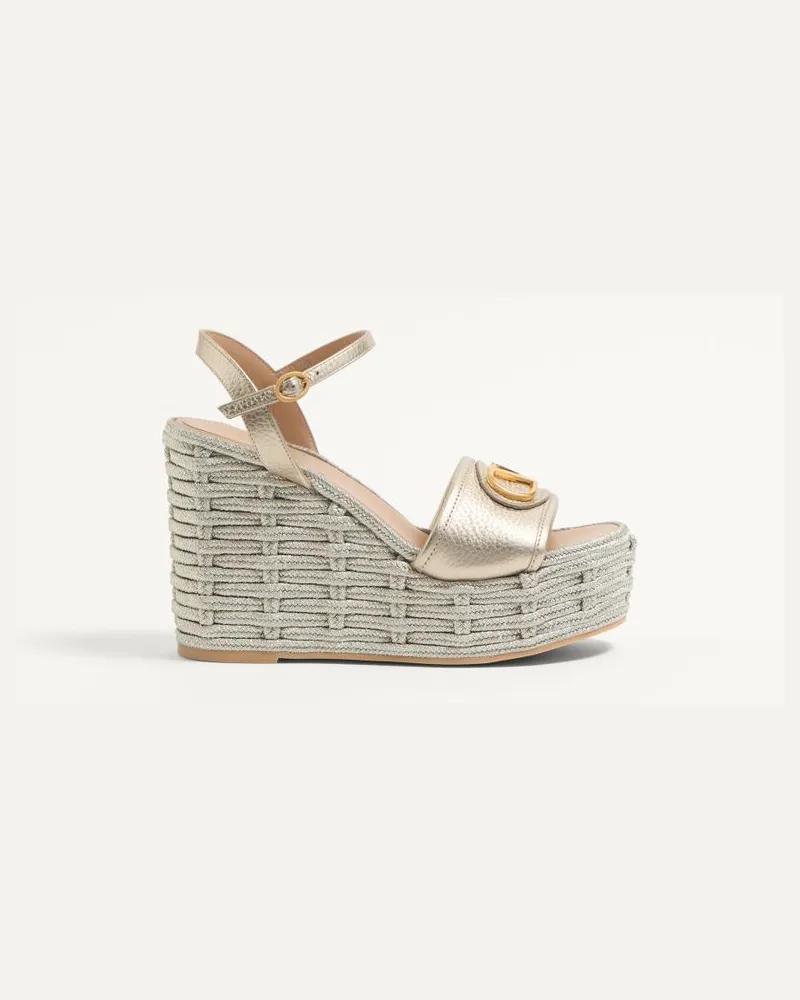 Valentino Garavani Vlogo Signature Wedge-Sandalen Aus Laminiertem Genarbtem Kalbsleder 120 Mm Frau PLATIN Platin