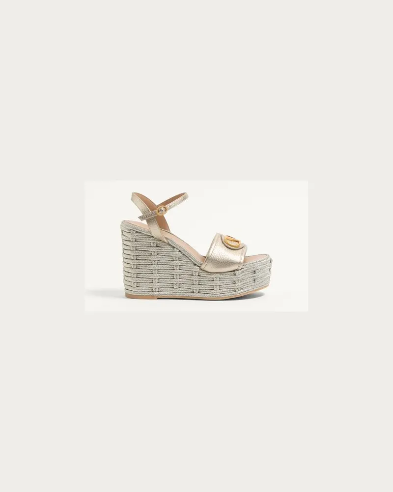 Valentino Garavani Vlogo Signature Wedge-Sandalen Aus Laminiertem Genarbtem Kalbsleder 120 Mm Frau PLATIN Platin