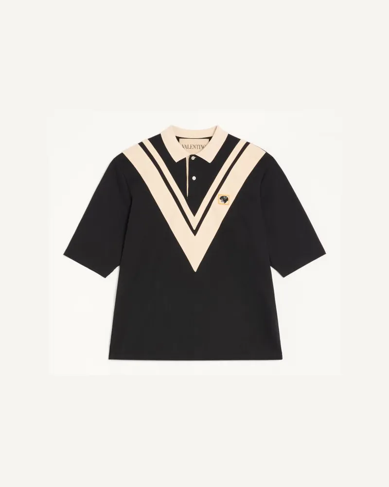 Valentino Garavani Valentino Polohemd aus Baumwolle mit V-Intarsie und gesticktem Panther-Patch Mann SCHWARZ/BUTTER Schwarz