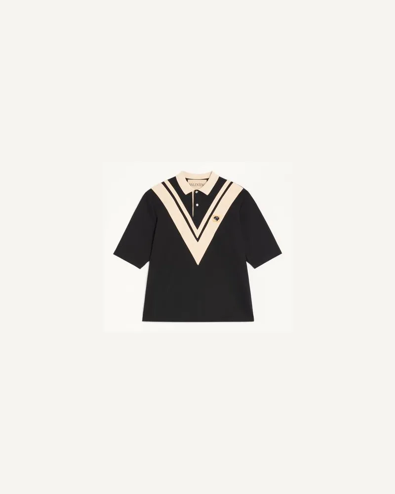 Valentino Garavani Valentino Polohemd aus Baumwolle mit V-Intarsie und gesticktem Panther-Patch Mann SCHWARZ/BUTTER Schwarz