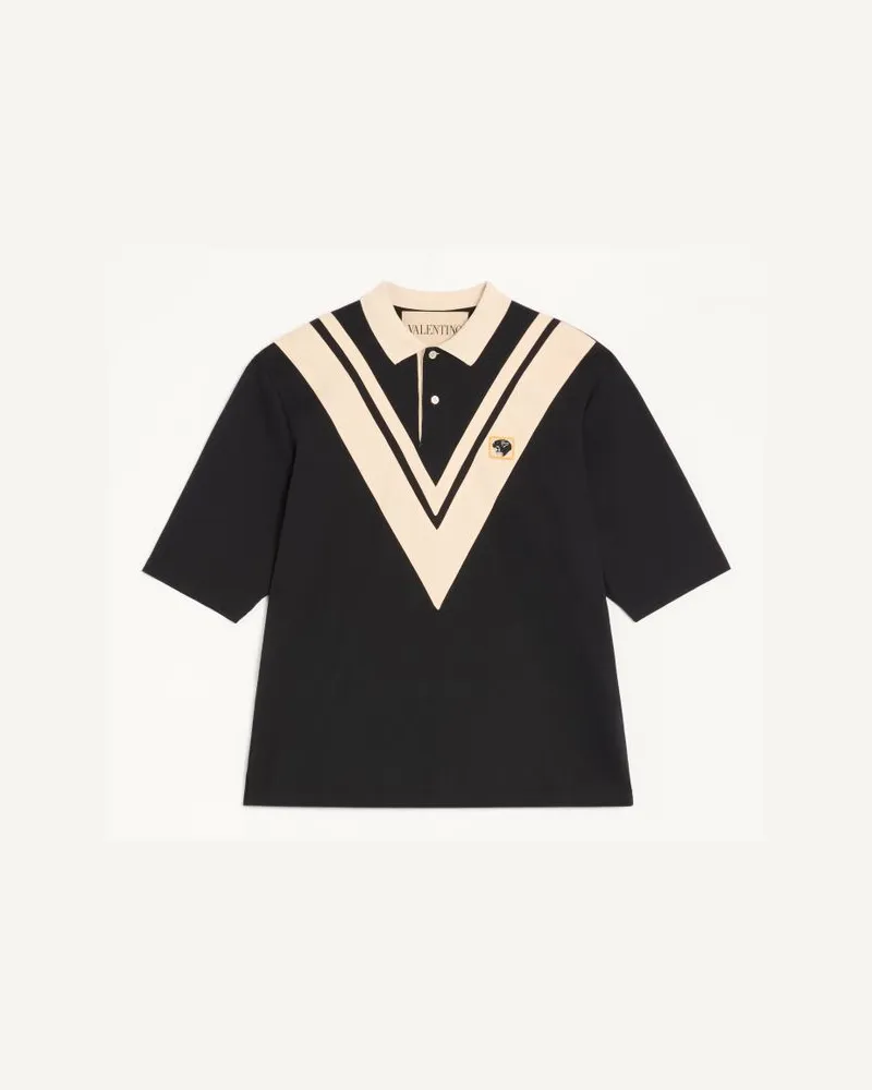 Valentino Garavani Valentino Polohemd Aus Baumwolle Mit V-Intarsie Und Gesticktem Panther-Patch Mann SCHWARZ/BUTTER Schwarz