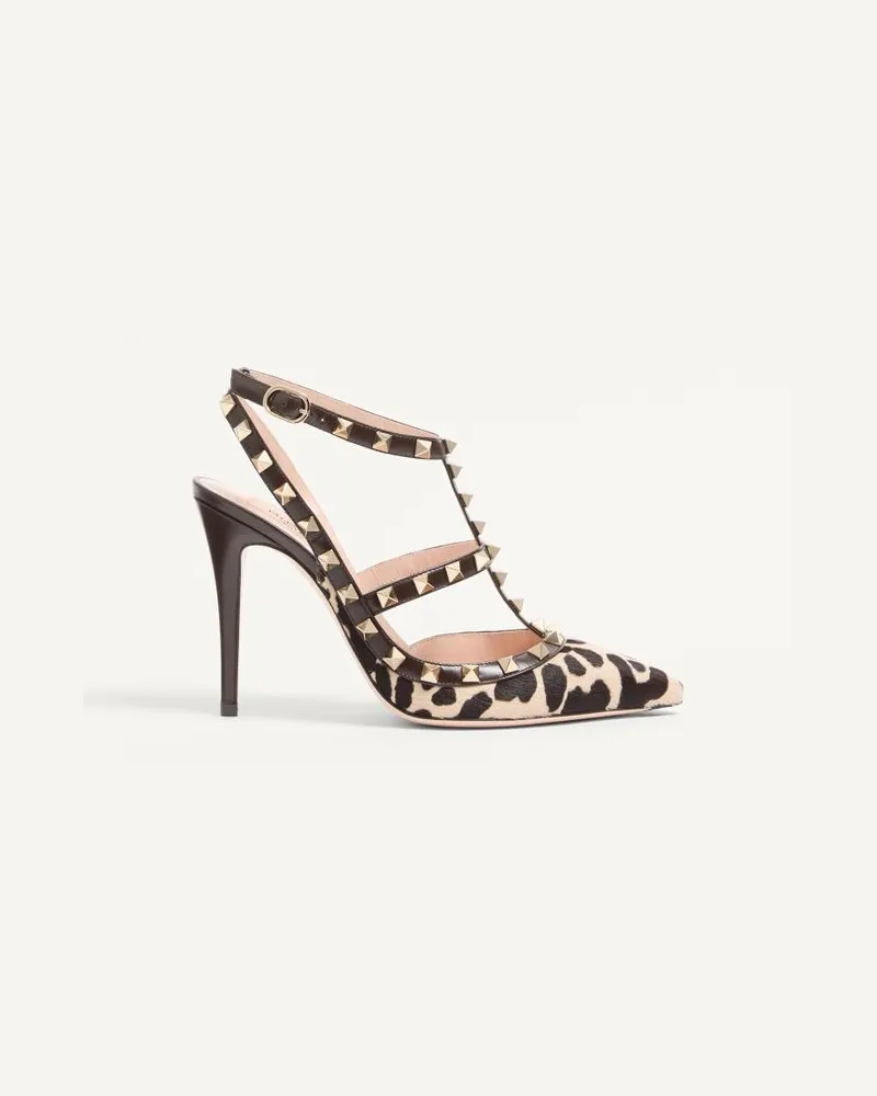 Valentino Garavani Valentino Garavani Rockstud Pumps Mit Riemchen Aus Kalbsleder Mit Pony-Effekt Und Animalier-Aufdruck, 100 Mm Frau NATUR/BRAUN Natur