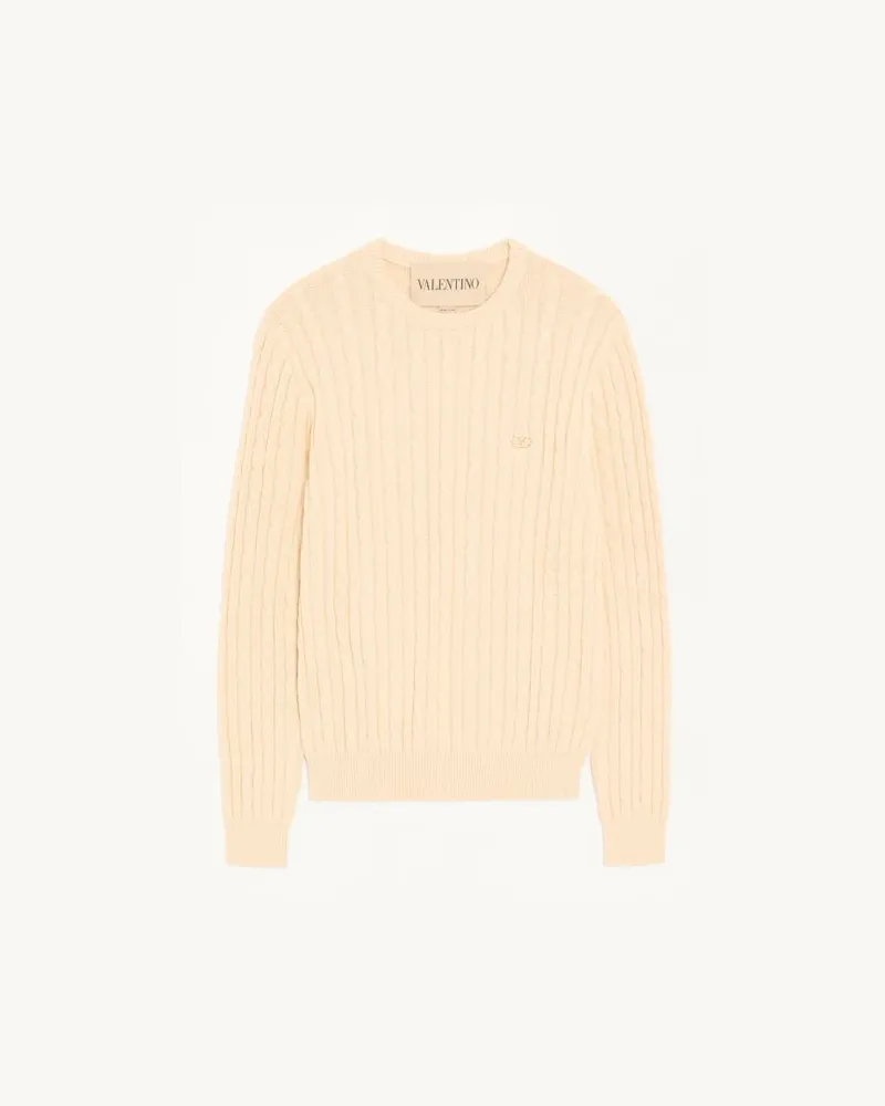 Valentino Garavani Valentino Zopfmuster-Baumwollpullover mit Rundhalsausschnitt und VLogo auf der Brust Mann CREME Creme