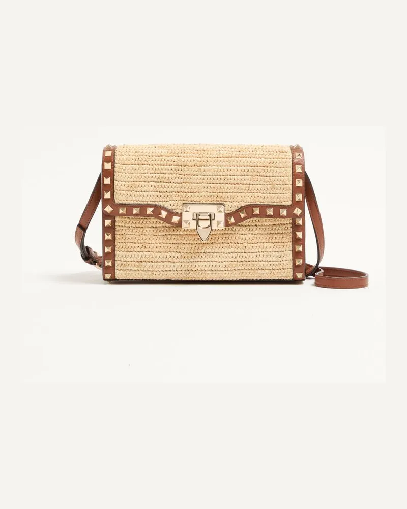Valentino Garavani Kleine Valentino Garavani Rockstud Schultertasche aus Raffiabast Frau NATUR/SADDLE BROWN Natur
