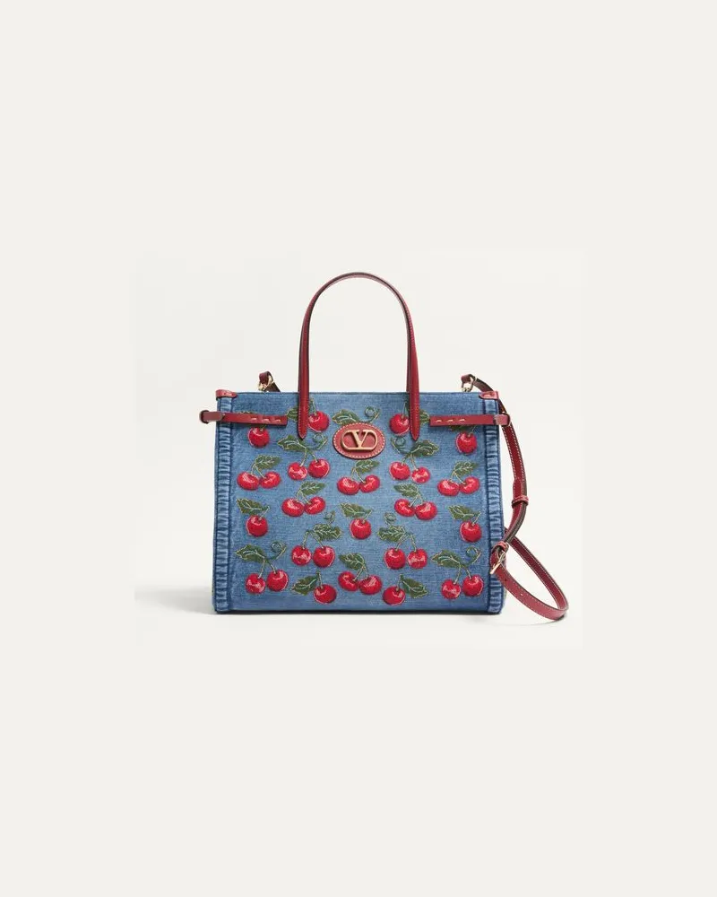 Valentino Garavani Valentino Garavani Antibes Mittelgrosser Shopper Aus Denim Mit Cherryfic-Stickerei Frau DENIM/MULTICOLOR Denim