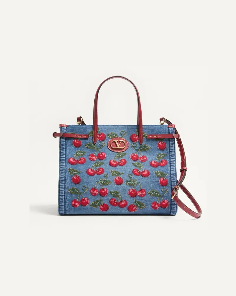 Valentino Garavani Valentino Garavani Antibes Mittelgrosser Shopper Aus Denim Mit Cherryfic-Stickerei Frau DENIM/MULTICOLOR Denim