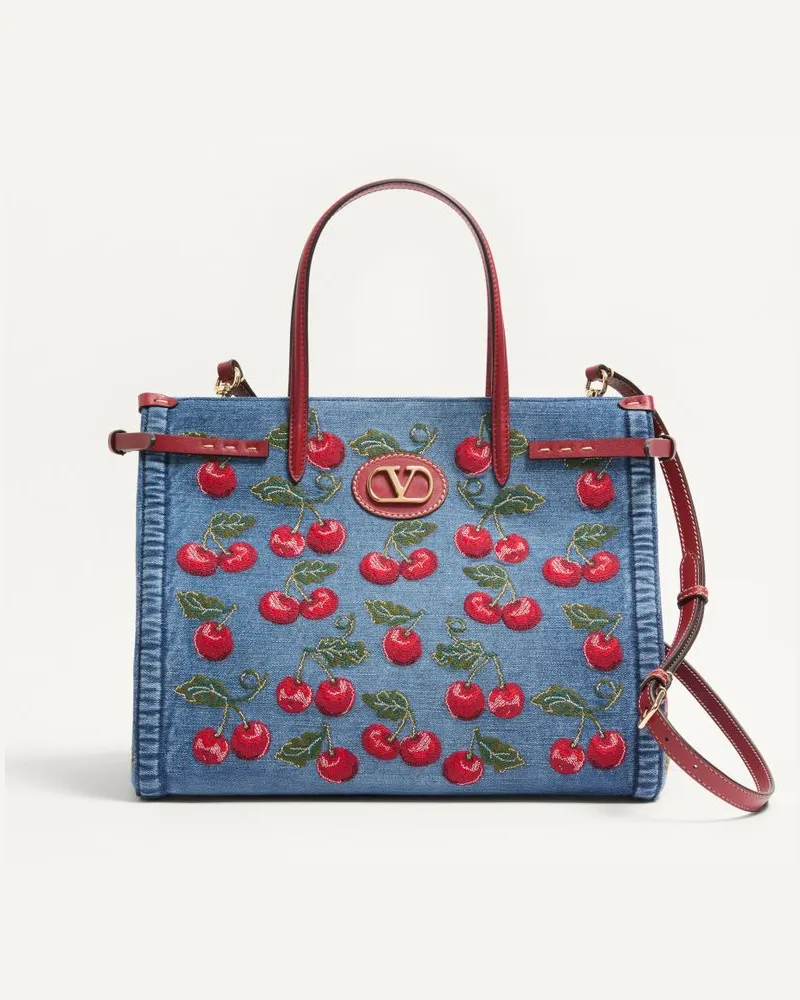 Valentino Garavani Valentino Garavani Antibes Mittelgrosser Shopper Aus Denim Mit Cherryfic-Stickerei Frau DENIM/MULTICOLOR Denim
