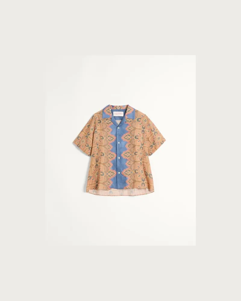 Valentino Garavani Bowlinghemd Aus Leinen Mit Voyage Imaginaire-Print Mann HIMMELBLAU/BEIGE/ROSA Himmelblau