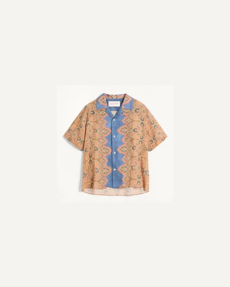 Valentino Garavani Bowlinghemd Aus Leinen Mit Voyage Imaginaire-Print Mann HIMMELBLAU/BEIGE/ROSA Himmelblau