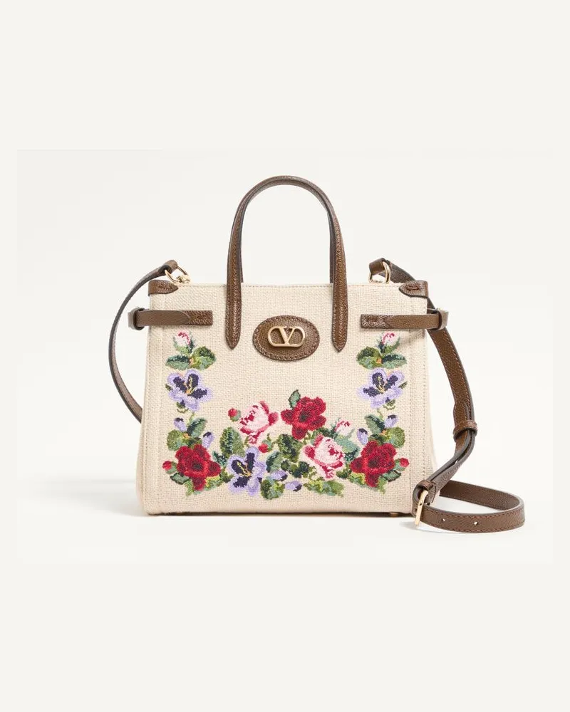 Valentino Garavani Kleiner Valentino Garavani Antibes Shopper Aus Besticktem Leinen Frau ECRU/MULTICOLOR Ecru