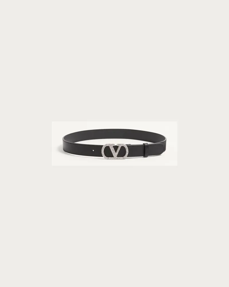 Valentino Garavani VLogo Signature Gürtel Aus Glänzendem Kalbsleder Mit Kristallen 30 mm Frau SCHWARZ Schwarz