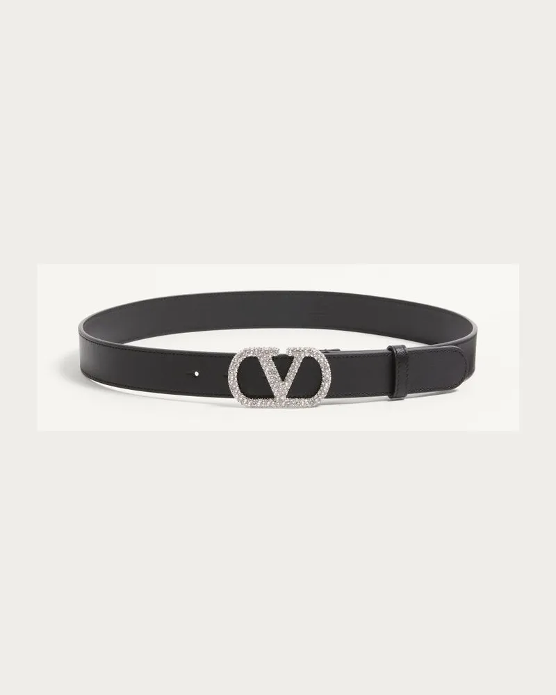 Valentino Garavani VLogo Signature Gürtel Aus Glänzendem Kalbsleder Mit Kristallen 30 mm Frau SCHWARZ Schwarz