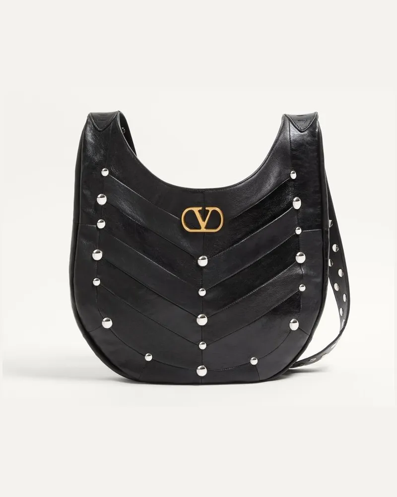 Valentino Garavani Valentino Garavani Hoboho Hobo Bag Aus Glänzendem Und Mattem Nappaleder Mit Patchwork-Design, Chevron-Muster Und Studs Frau SCHWARZ Schwarz