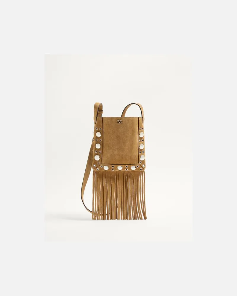 Valentino Garavani Valentino Garavani Nellcôte Kleine Schultertasche Aus Wildleder Mit Fransen Frau HAVANA BEIGE Havana