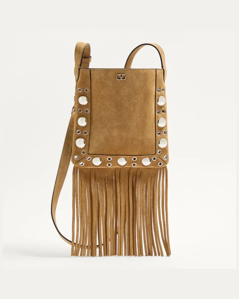 Valentino Garavani Valentino Garavani Nellcôte Kleine Schultertasche Aus Wildleder Mit Fransen Frau HAVANA BEIGE Havana