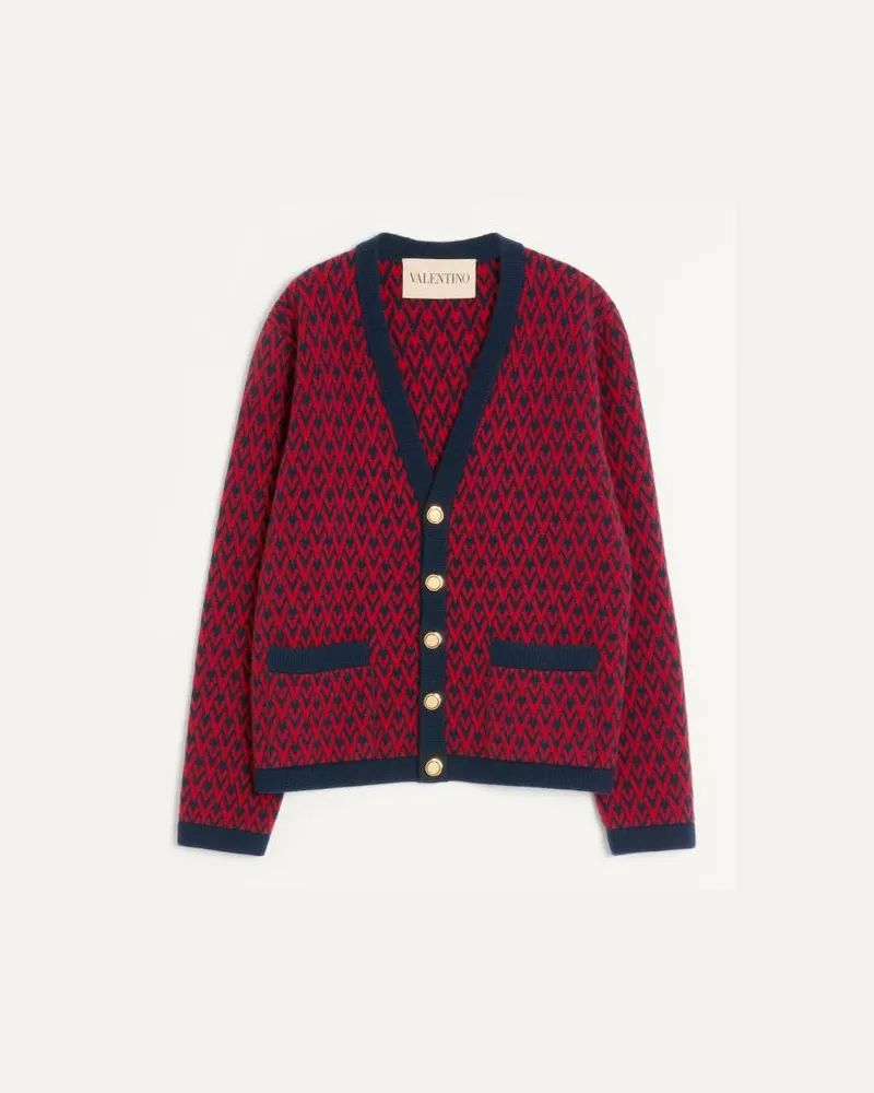 Valentino Garavani Cardigan Aus Wolle Mit Toute La V Muster Mann MARINEBLAU/ ROT Marineblau