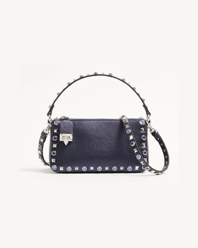 Valentino Garavani Valentino Garavani Rockstud Kleine Schultertasche Aus Laminiertem Kalbsleder Mit Cabochon-Steinen Frau MARINEBLAU Marineblau