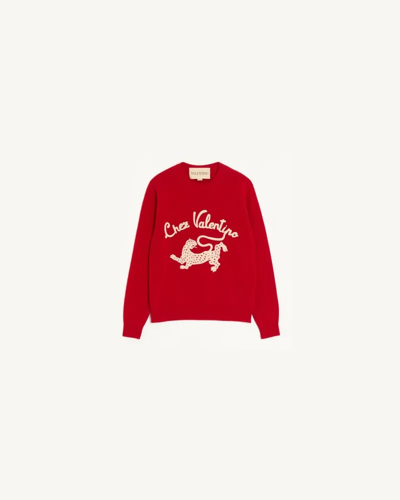 Valentino Garavani Valentino Wollpullover mit Chez Valentino & Panther-Stickerei Mann ROT Rot