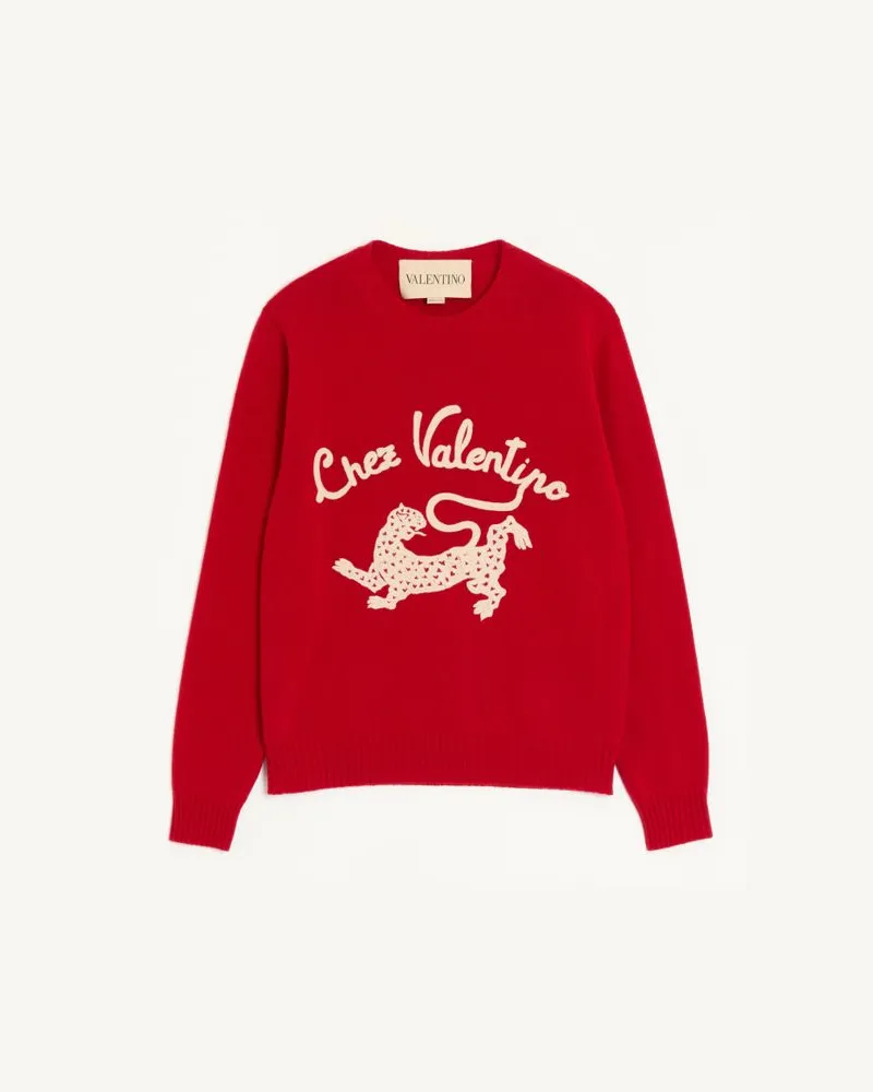 Valentino Garavani Valentino Wollpullover mit Chez Valentino & Panther-Stickerei Mann ROT Rot