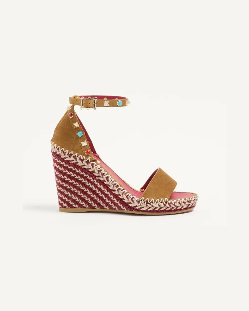 Valentino Garavani Rockstud Double Keilsandalen Aus Spaltleder Mit Cabochon-Steinen, 105 Mm Frau HAVANA BEIGE Havana