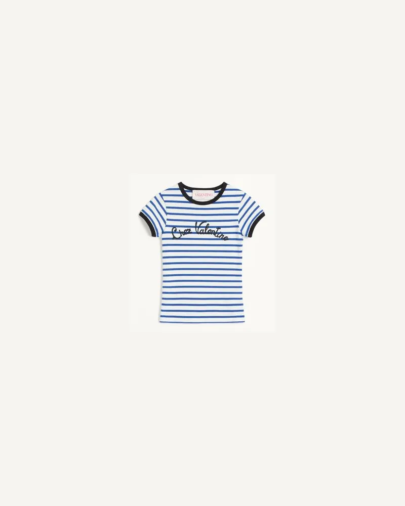 Valentino Garavani Gestreiftes T-Shirt Aus Baumwolljersey Frau ELFENBEIN/BLAU Elfenbein
