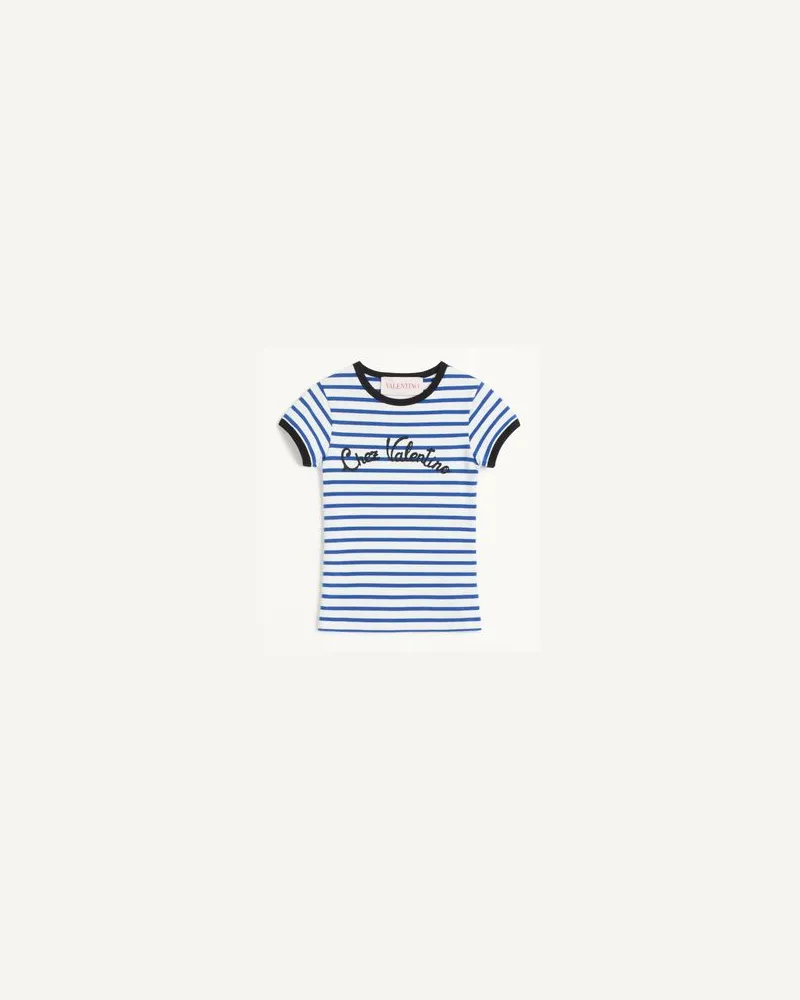 Valentino Garavani Gestreiftes T-Shirt Aus Baumwolljersey Frau ELFENBEIN/BLAU Elfenbein