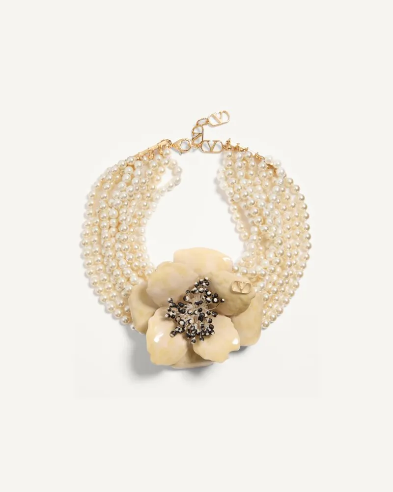 Valentino Garavani Fleur Lumineuse Halskette Aus Metall, Emaille, Perlen Und Stoff Frau GOLD/CREME Gold