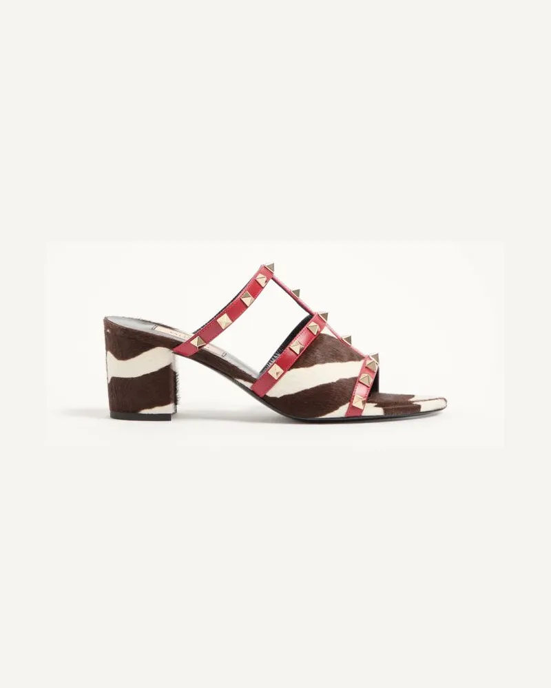 Valentino Garavani Valentino Garavani Rockstud Slide-Sandalen Mit Riemchen Aus Kalbsleder Mit Pony-Effekt Und, 60 Mm Frau WEIß/BRAUN/ROT Weiß