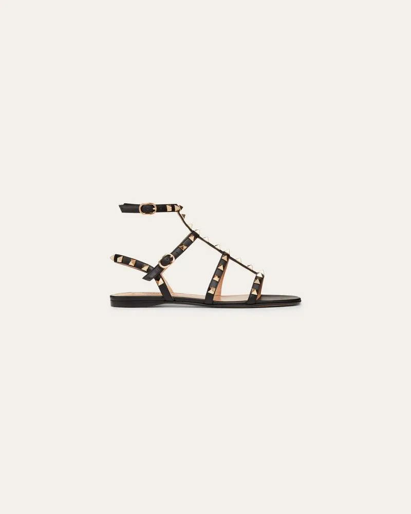 Valentino Garavani Flache Riemchensandalen Rockstud Aus Kalbsleder Frau SCHWARZ Schwarz