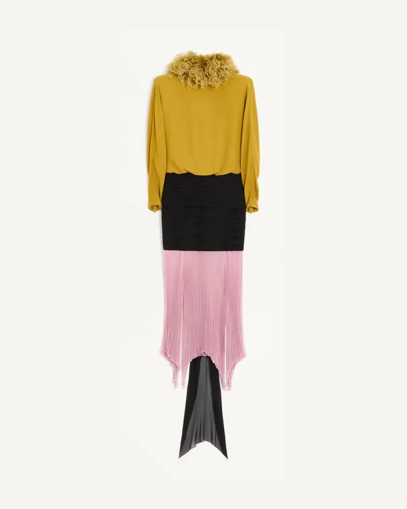 Valentino Garavani Langes Kleid aus Light Georgette mit Federn Frau OCKER/SCHWARZ/ROSA Ocker